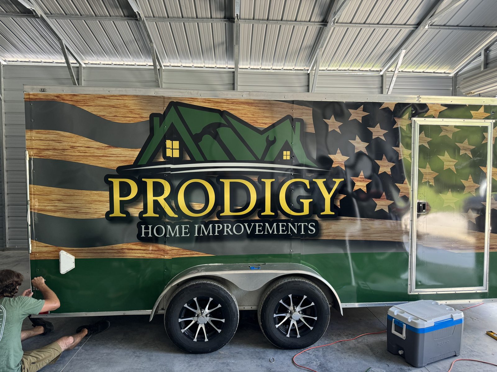 Prodigy Home Improvements full trailer wrap with mountain scene and stars