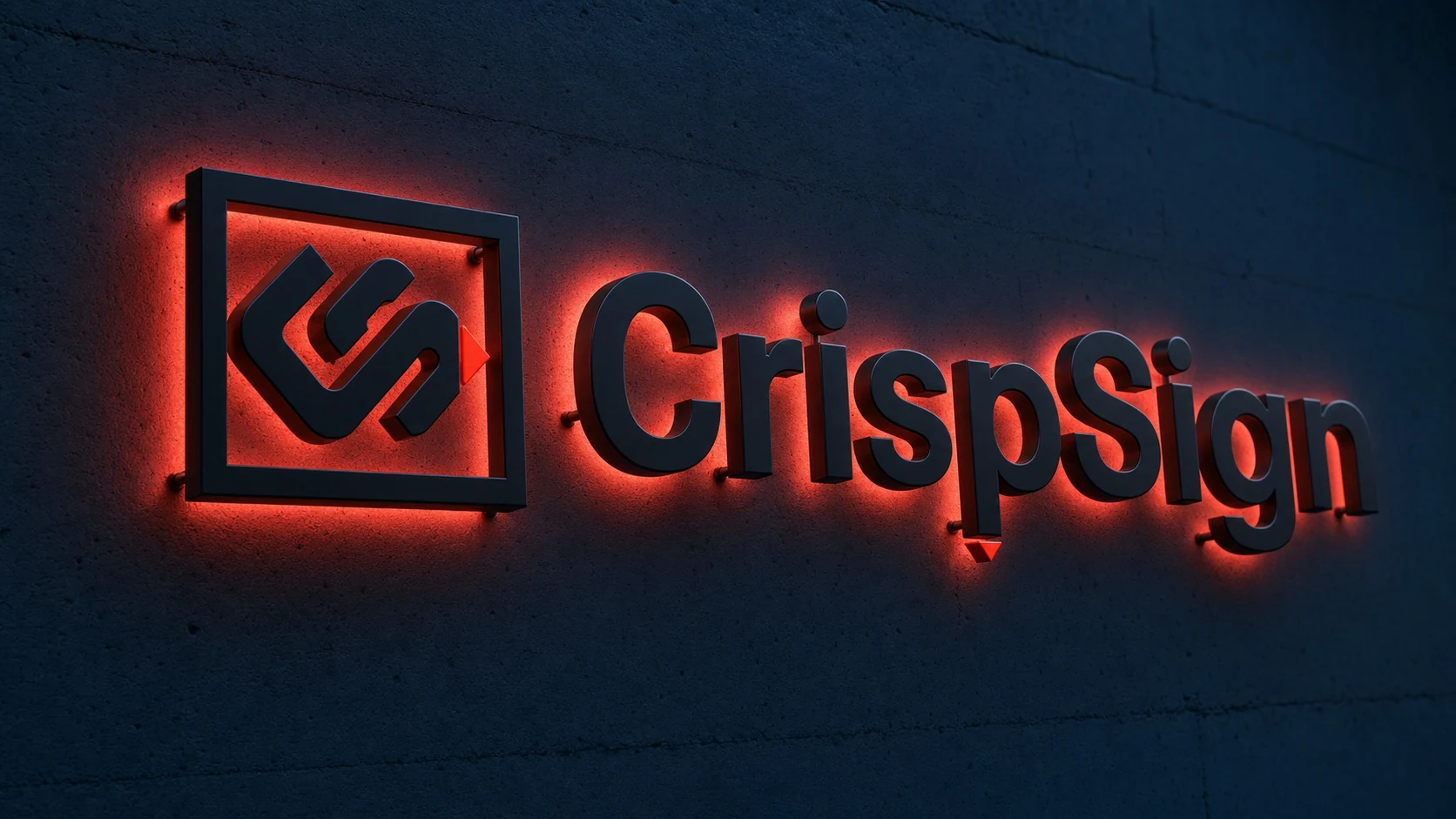 CrispSign halo-lit channel letter logo illuminated at night with red LED halo glow